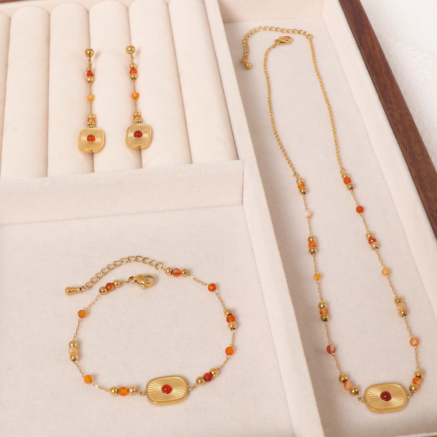 TaYolnFaSo Natural Red Agate Jewelry Set for Women 18K Gold Plated Sun Disk Red Agate Necklace Earrings Bracelet Set Gift for Wife