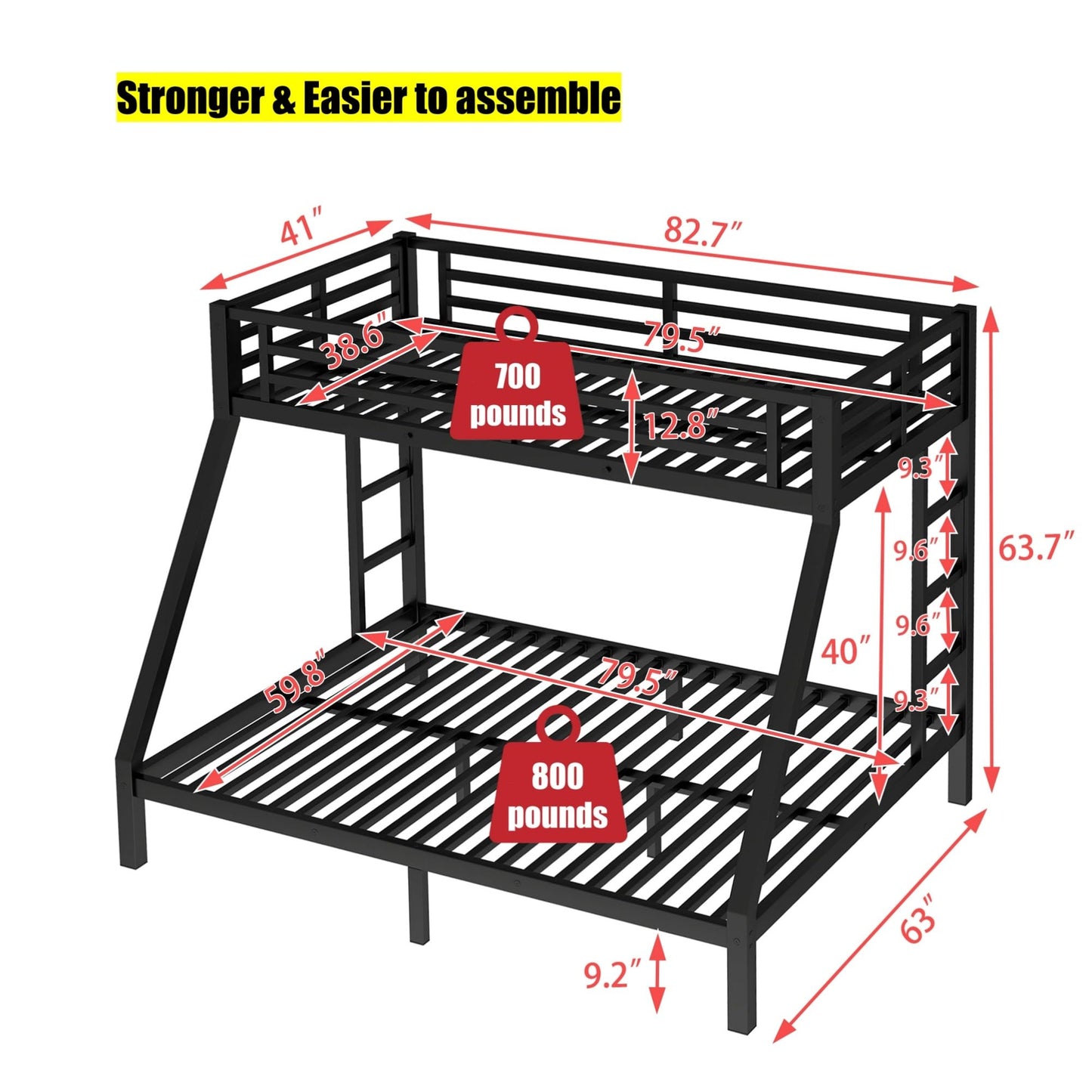 AOOMEEC Higher Quality & Stronger Twin XL Over Queen Bunk Bed, Thickened Heavy Duty More Stable Safer Black Metal Steel Bunkbed Bunk Queen Bed (Easier to Assemble) (Twin XL Over Queen)