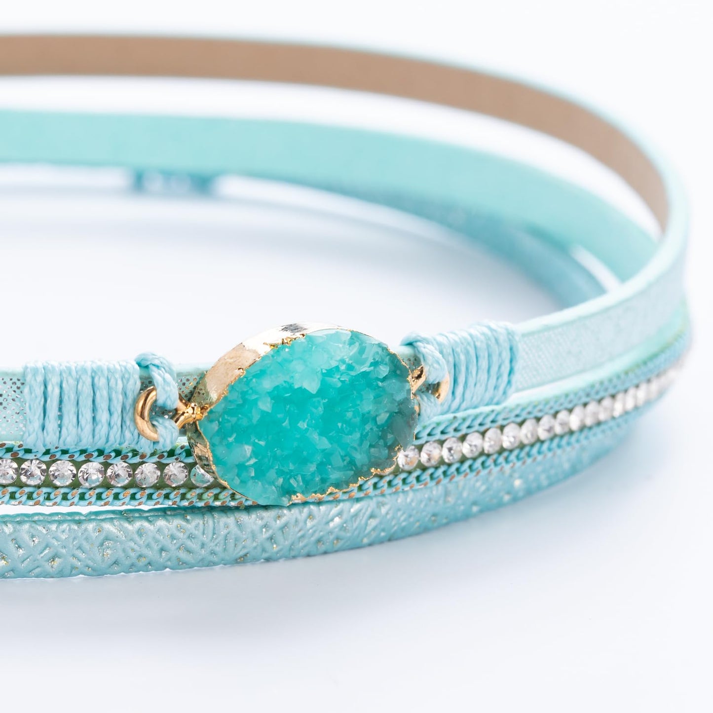 FANCY SHINY Boho Leather Wrap Bracelet Stackable Chunky Crystal Cuff Bracelets with Magnetic Clasp Cowboy Cowgirl Western Summer Beach Outfits Jewelry Gifts for Women (14.7", Teal)