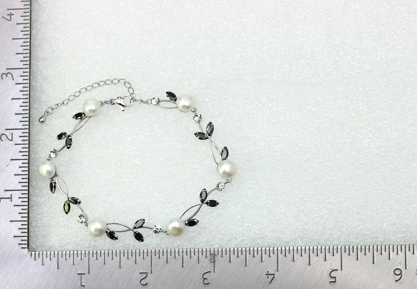 Faship Black CZ Crystal Genuine Freshwater Pearls Floral Bracelet 7.5" - 9.5" - Black/Matching Bracelet
