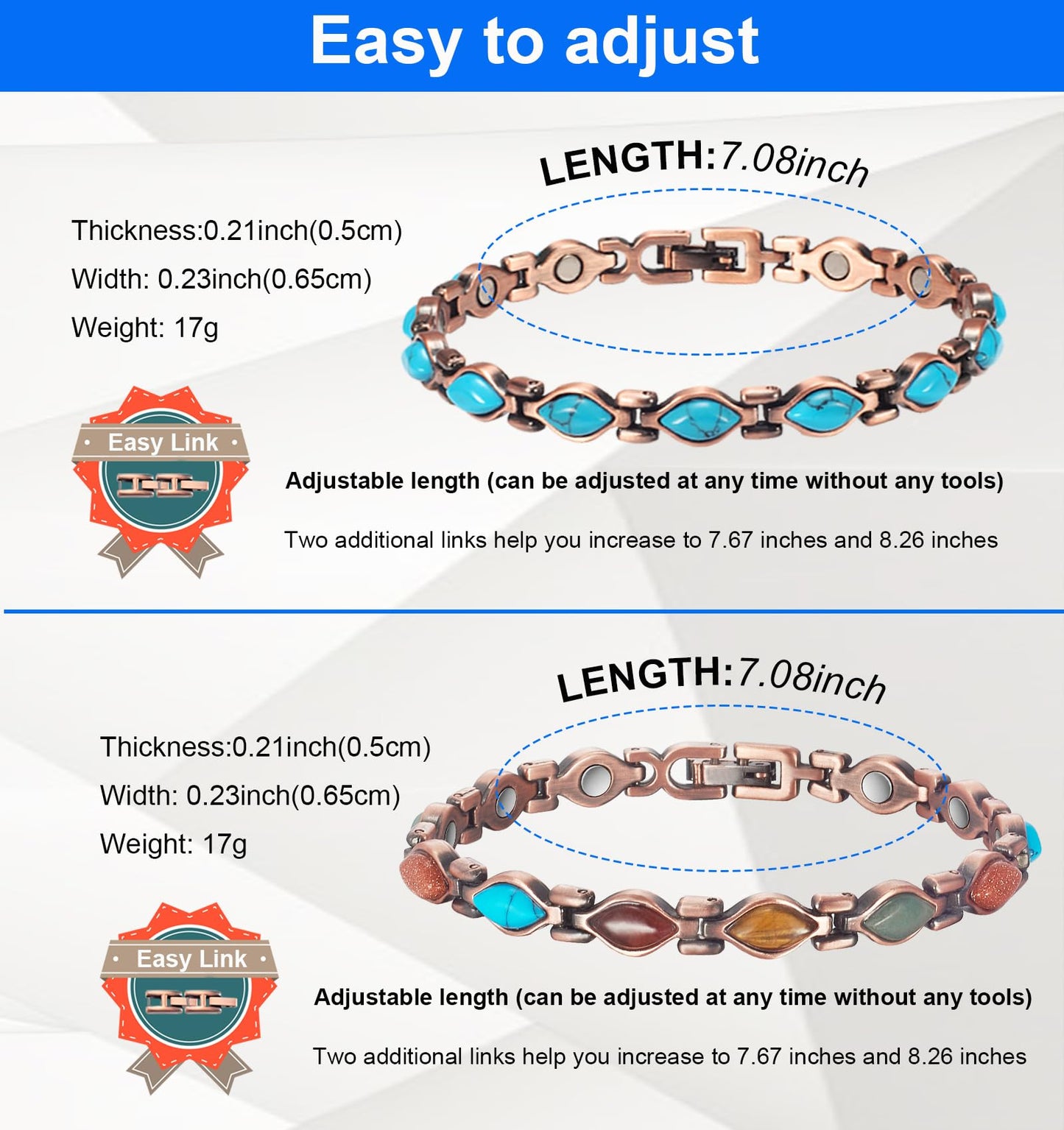 EnerMagiX Copper Bracelets for Women, 2PC Suit Color Turquoise Magnetic Bracelets, Copper Jewelry Gifts（0166,0166A）