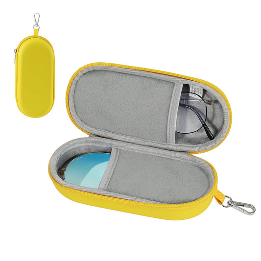 MoKo Double Glasses Case Hard Shell, Portable Travel Eyeglasses Case with Zipper Closure & Metal Hanging Hook, PU Leather Dual Sunglass Organizer for Women, Men, Yellow-Oval