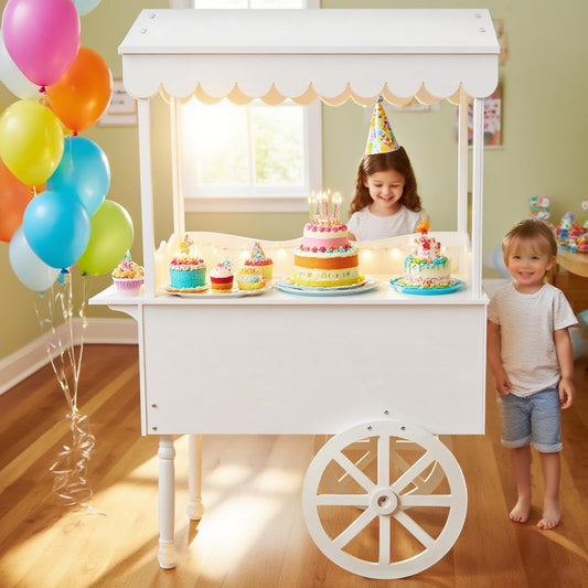 Candy Cart Dessert Display Stand with Fixed Wheels, Vintage Solid Wood Construction with Storage Shelf & 100 Decorative Balloons, Easy to Assemble for Weddings, Birthdays, Parties, Baby Showers & Bar Decor (Fixed Wheels)