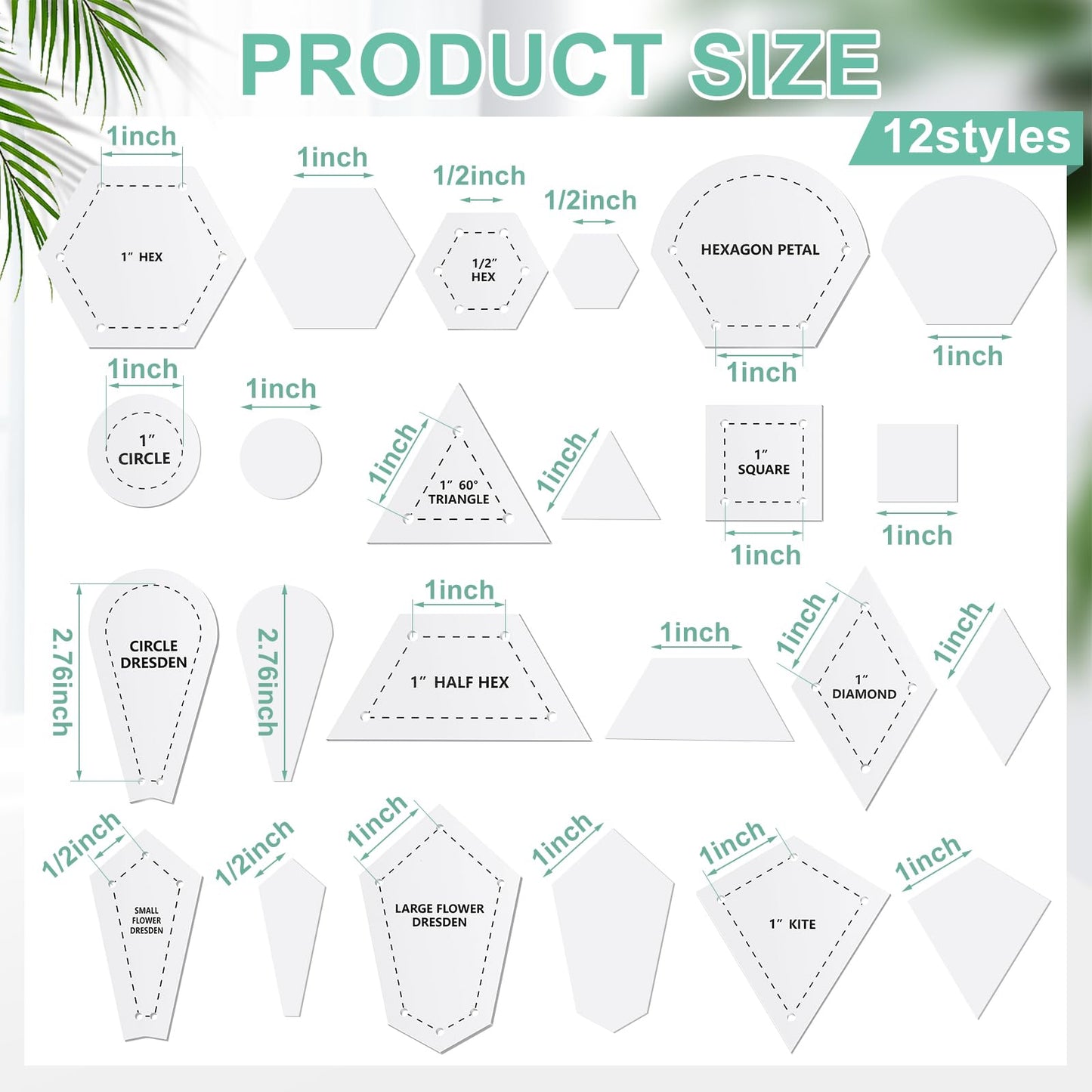 Cinnvoice 612 Pcs Patchwork Paper EPP English Piecing Supplies 12 Shapes Acrylic Templates with 600 Paper Piecing for Sewing Dresden Plate Triangle Hexagon Quilting Template(Classic 1,Clear)