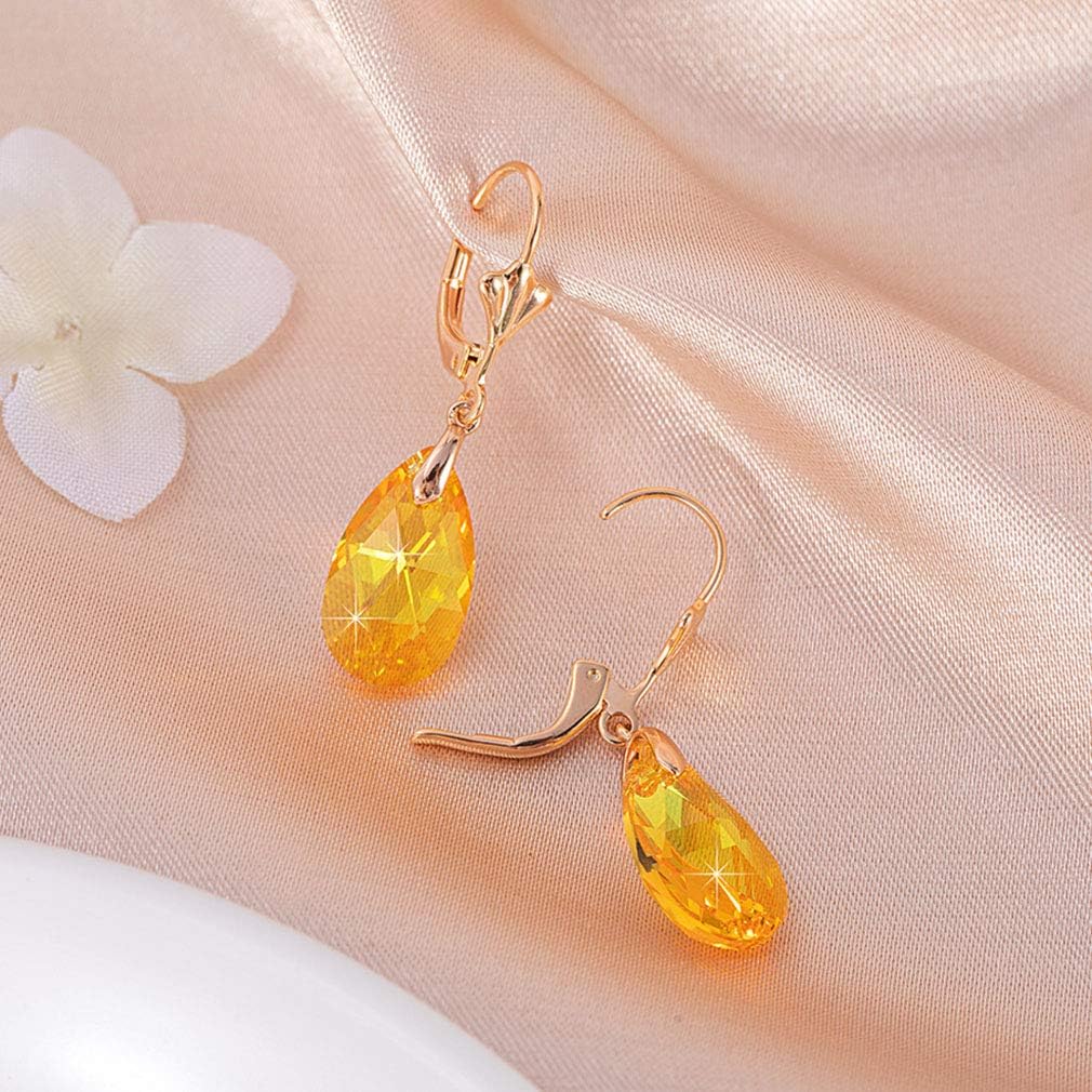 Austrian Crystal Teardrop Leverback Dangle Earrings for Women Fashion 14K Gold Plated Hypoallergenic Jewelry (Yellow)