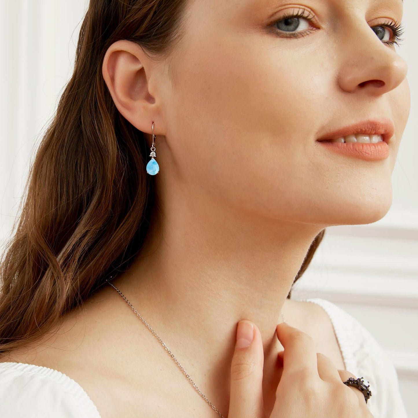 925 Sterling Silver 7 * 9mm Teardrop Larimar Leverback Earrings for Women,Pear Shaped Blue Gemstone Dangle Earrings Hypoalleregenic Jewelry