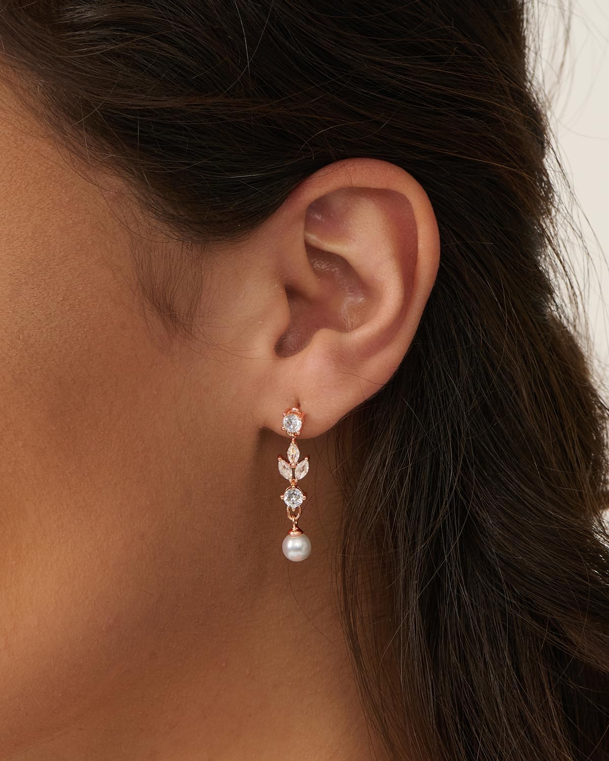 PRTGL Pearl Earrings: 14k Rose Gold Plated Cubic Zirconia Accented Pearl Dangle Wedding Engagement Earrings For Women Bridal Bridesmaid (Leaf Designed)