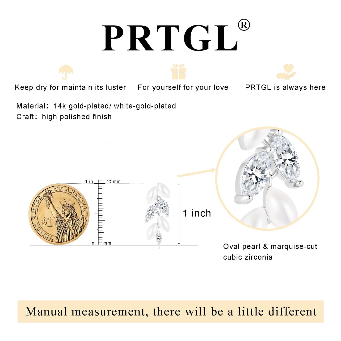 PRTGL Pearl Drop Earrings - Silver 14K White Gold Plated Cubic Zirconia Accented Pearl Drop Earrings for Women Wedding Bridal