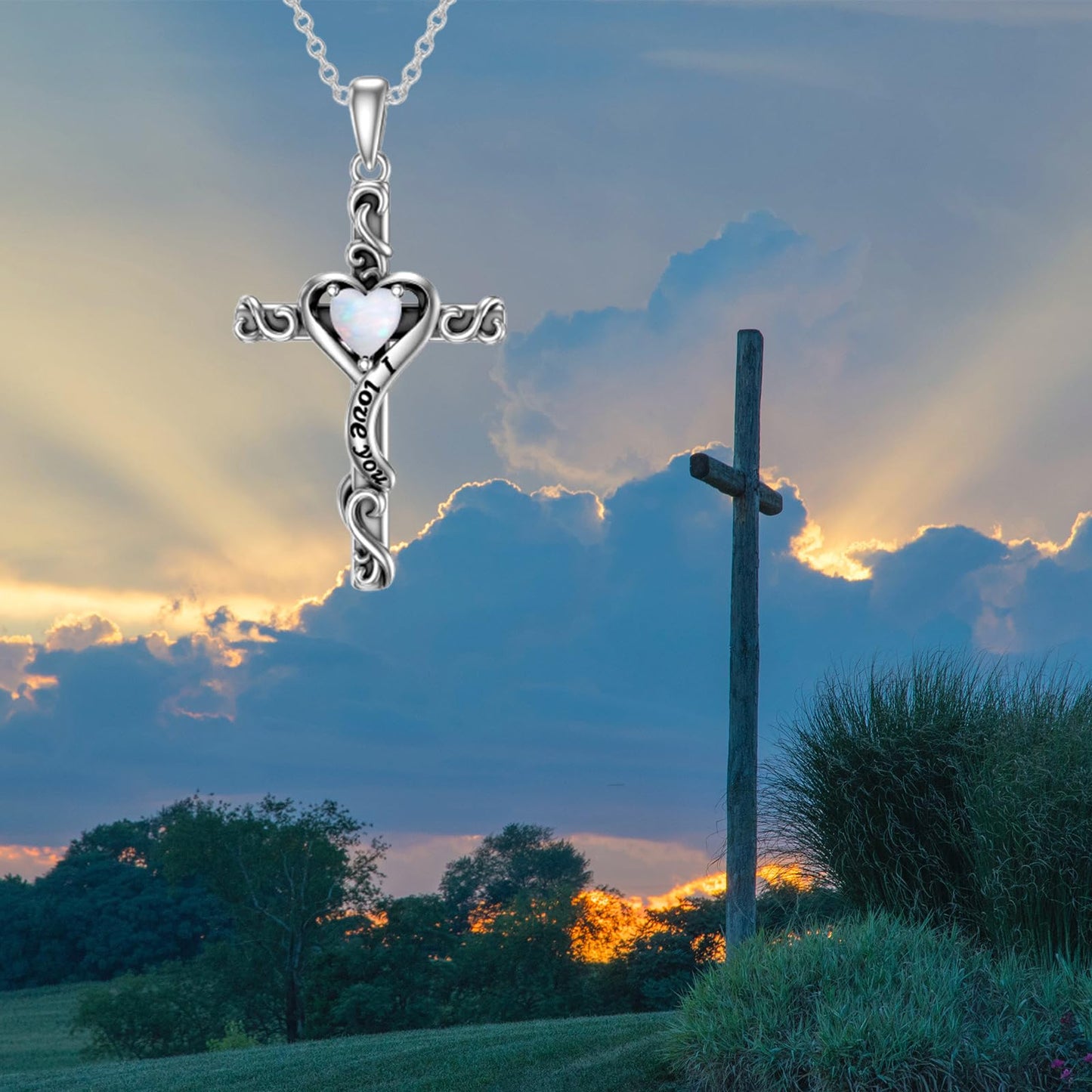 TOUPOP 925 Sterling Silver Cross Pendant Necklace with October Birthstone Opal Necklace Religious Jewelry Gifts for Women Teen Girls Mom, I Love You Gifts for Her, Sterling Silver, No Gemstone