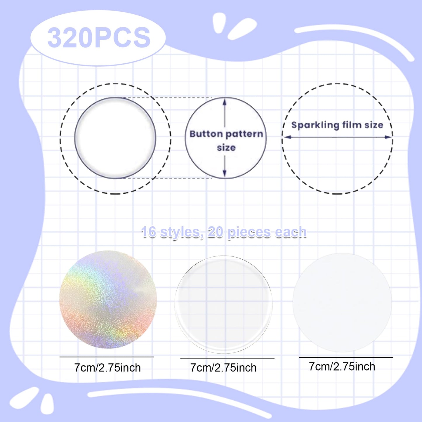 320Pcs Badge Protective Film, Button Maker Accessories Kit with Iridescent Film, 14 Styles Decorative Film, 1 Style Clear & 1 Style Printable Paper Inserts for 2.25 Inch (58mm) Badges