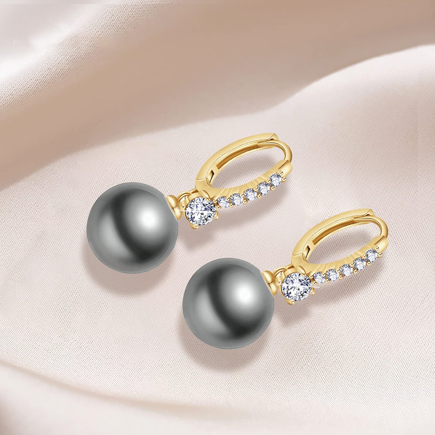 Pearl Earrings for Women 14K Gold Plated Hypoallergenic Pearl Earrings 5A Cubic Zirconia Dangle Earrings Elegant Jewelry (2-Gold-black)