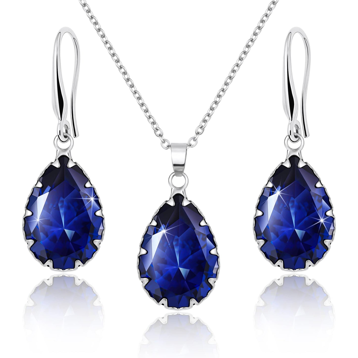 Linawe Sapphire Crystal Royal Blue Jewelry Sets Women, Silver Dangle Earrings, Imitation Diamond Pendant Necklace, Rhinestone Matching Necklace, Teardrop Cubic Zirconia Birthstone