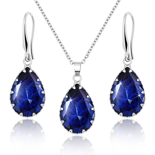 Linawe Sapphire Crystal Royal Blue Jewelry Sets Women, Silver Dangle Earrings, Imitation Diamond Pendant Necklace, Rhinestone Matching Necklace, Teardrop Cubic Zirconia Birthstone