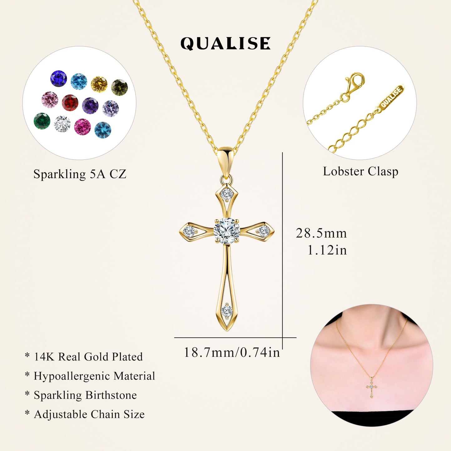 14K Gold Plated Solid Cross Necklace for Women,925 Sterling Silver Ladies Faith Cross Birthstone Pendant Christian Religious Confirmation Baptism Everyday Jewelry Anniversary Birthday Gifts for Her