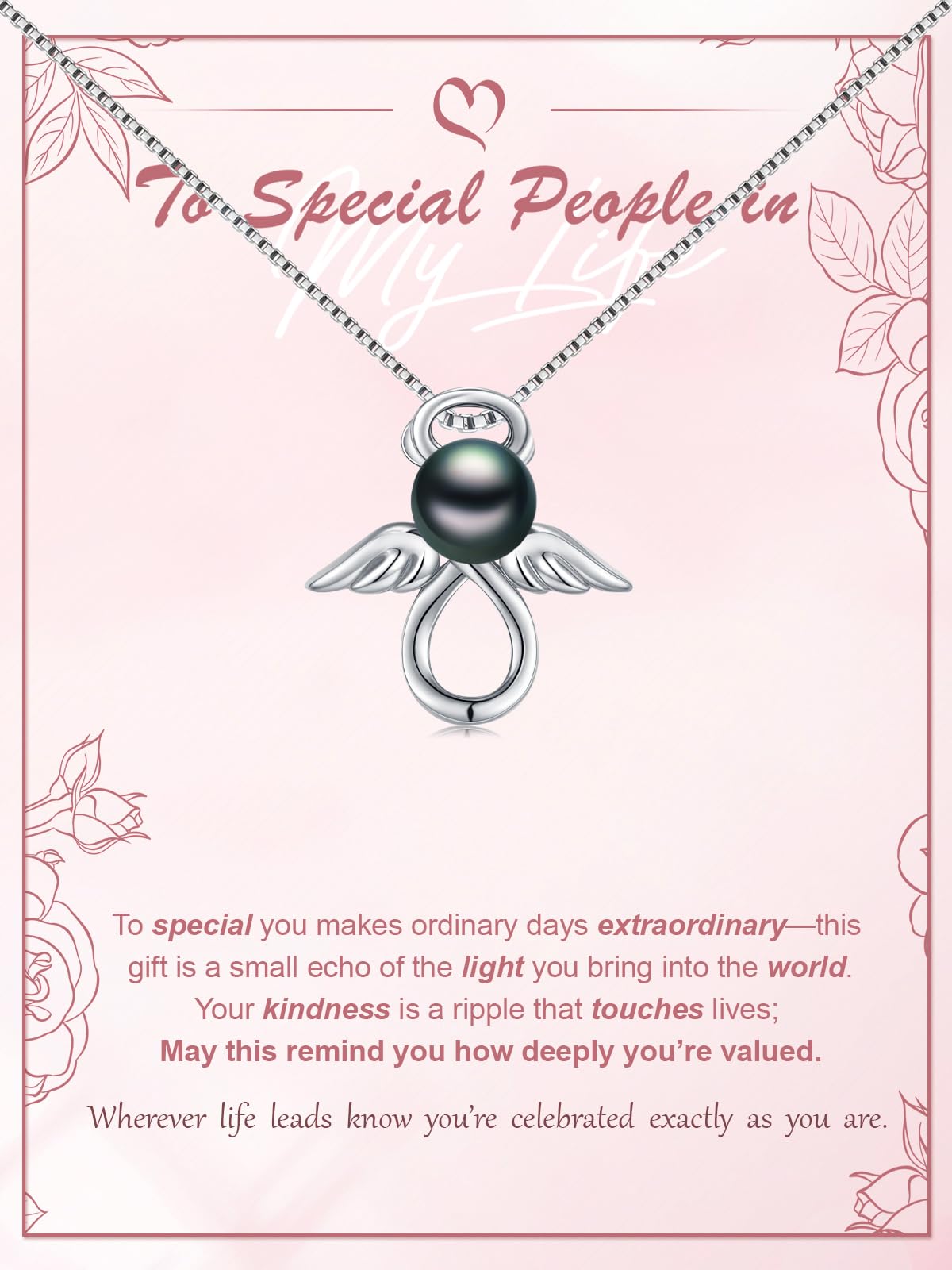 KANNSOAR Tahitian Black Pearl Necklace for Women 18K White Gold Plated Sterling Silver Angel Pendant Necklace Black Pearl Jewelry Gifts for Wedding Graduation Birthday Anniversary