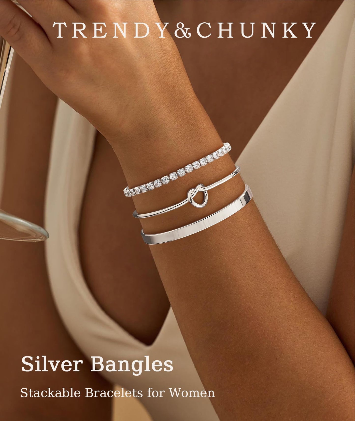 ZOERAY Silver Gold Bangle Bracelets for Women Non Tarnish 14k Gold Plated Stackable Cuff Bracelets for Women Trendy Cubic Zirconia Stainless Steel Chunky Bracelet Stack Set Waterproof Jewelry Gifts