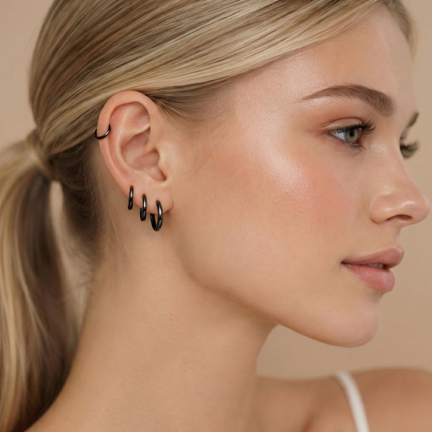 Gokeey Small Gold Huggie Hoop Earrings Set for Women 14K Gold Plated Hypoallergenic Lightweight Earrings for Sensitive Ears Everyday Earrings for Cartilage Piercings (12mm/12mm/12mm/12mm, Black)