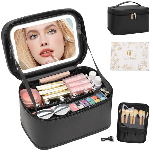 OCHEAL Makeup Bag with LED Mirror, Travel Cosmetic Organizer Vanity Case with 3 Color Setting Light Up Mirror for Women Beauty Tools Accessories Rechargeable - Black