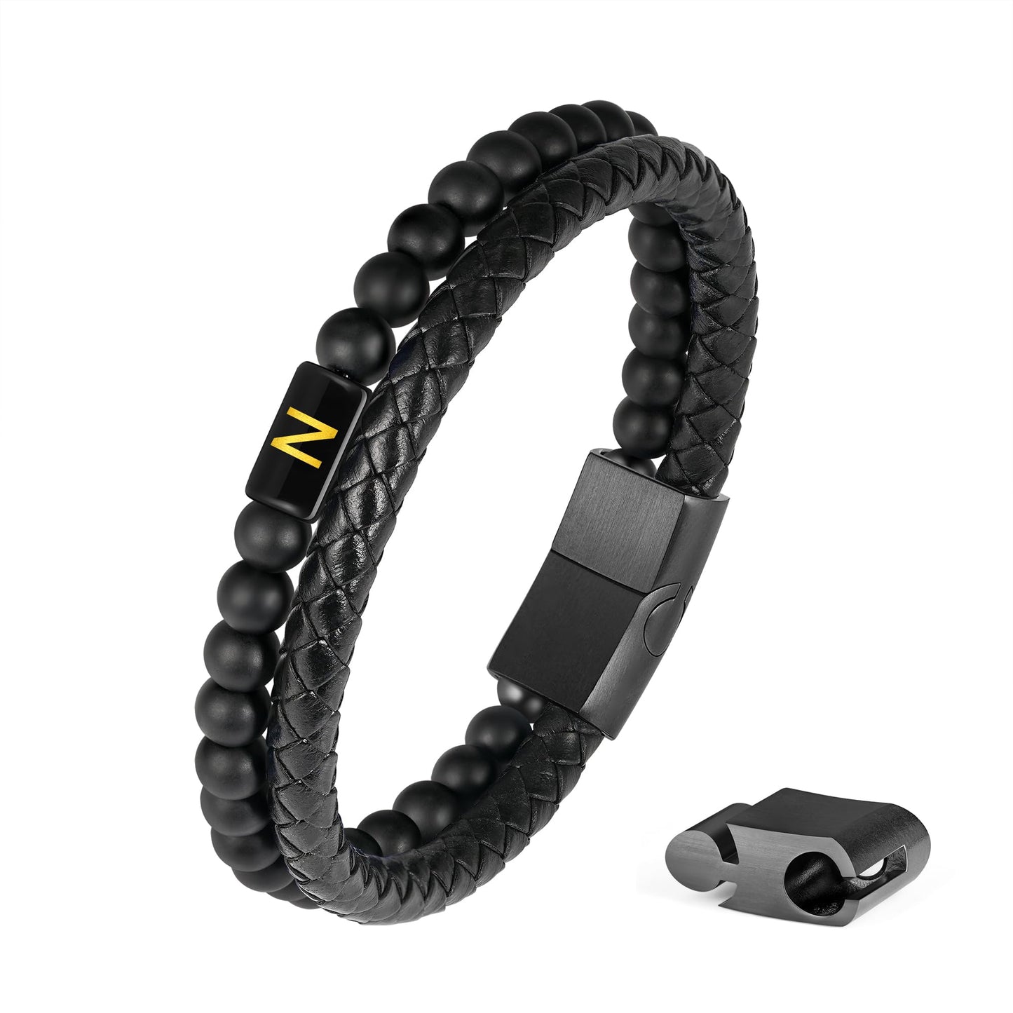 Mens Leather Bracelet with Initial - Men Gift Matte Agate Bead Magnetic Clasp Black Leather Bracelets Mens Gifts Men Bracelets with Initial N Bracelet for Men's Jewelry Men's Gifts for Dad Husband Him