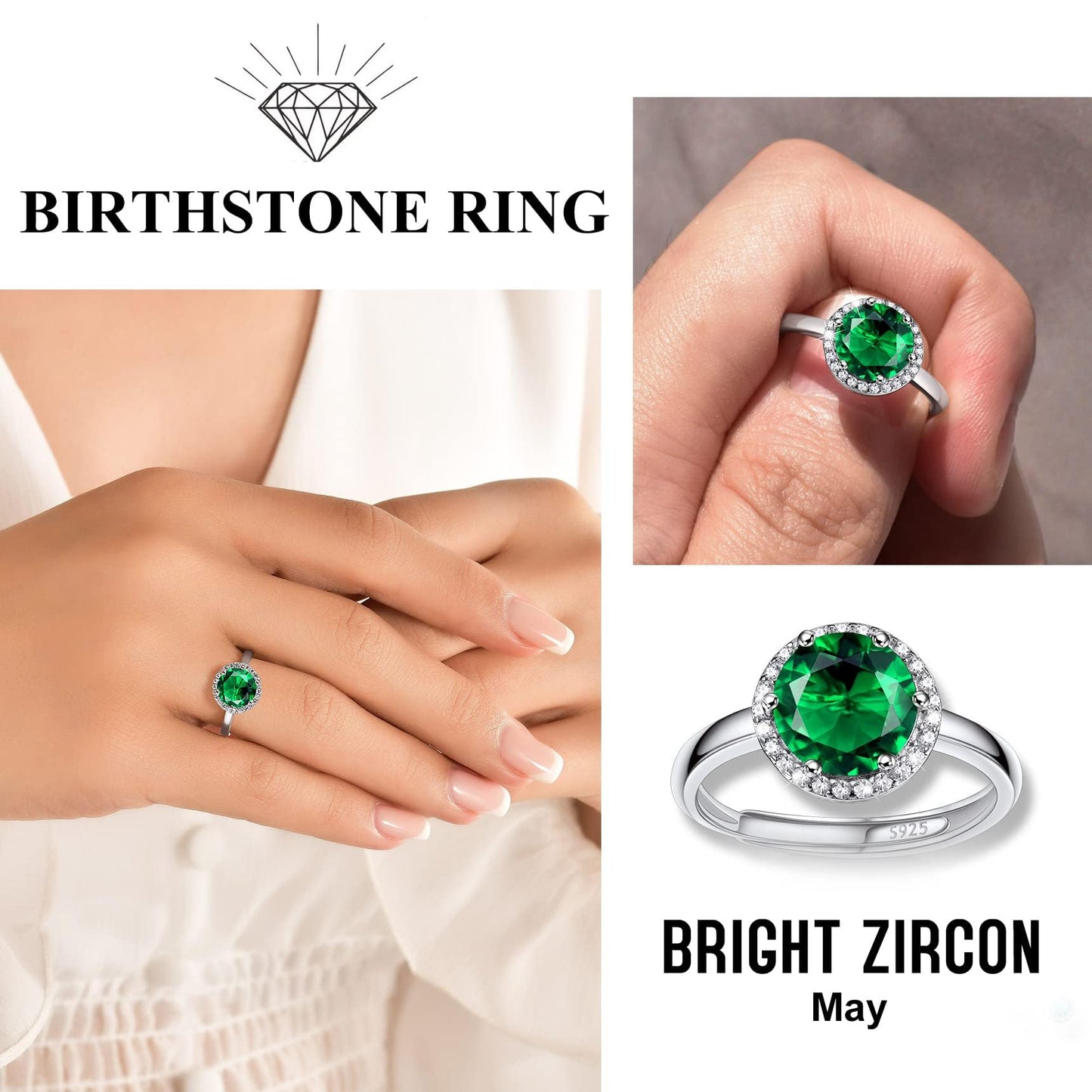 Bestyle Round May Emerald Birthstone Rings Embellished with White Cubic Zirconia Minimalist Sterling Silver Open Band Gemstone Rings for Birthday/Christmas/Party/Anniversary/Wedding