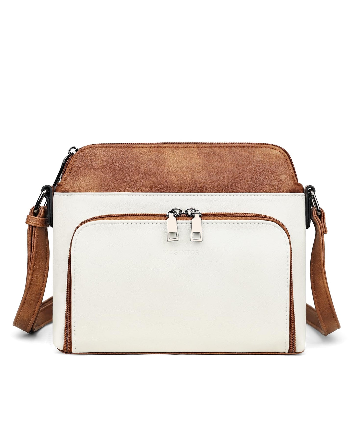 MASINTOR Crossbody Purse Bags for Women, Multi-Pocket Soft Leather Shoulder Purse, Lightweight Travel Handbag with Adjustable Strap Gypsum White with Brown