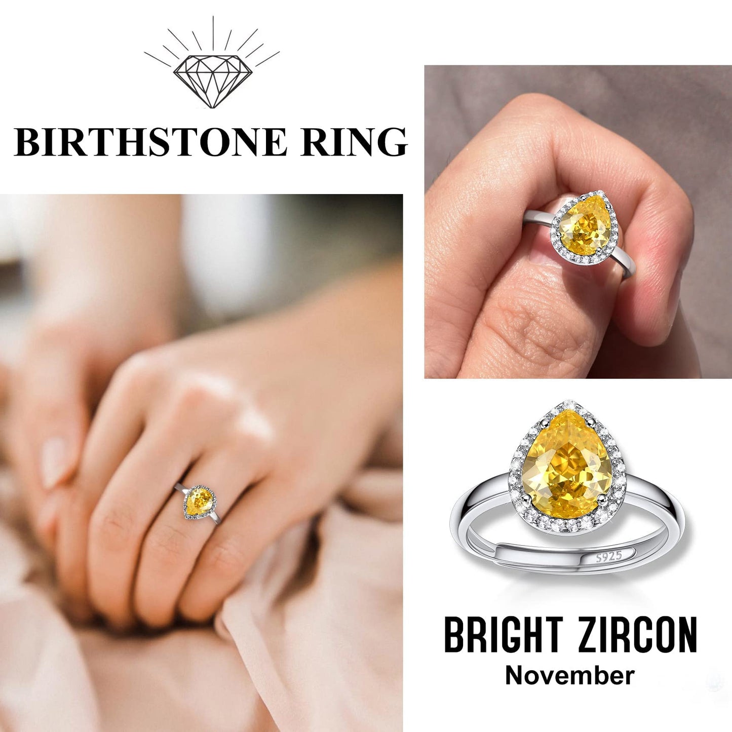 Bestyle S925 Sterling Silver Teardrop Crytsal Rings, Dainty November Critine Crystals Birthstone Rings, Anniversary/Mother’s Day/Birthday Jewelry Gifts for Women Mom/Wife/Sister/Best Friend