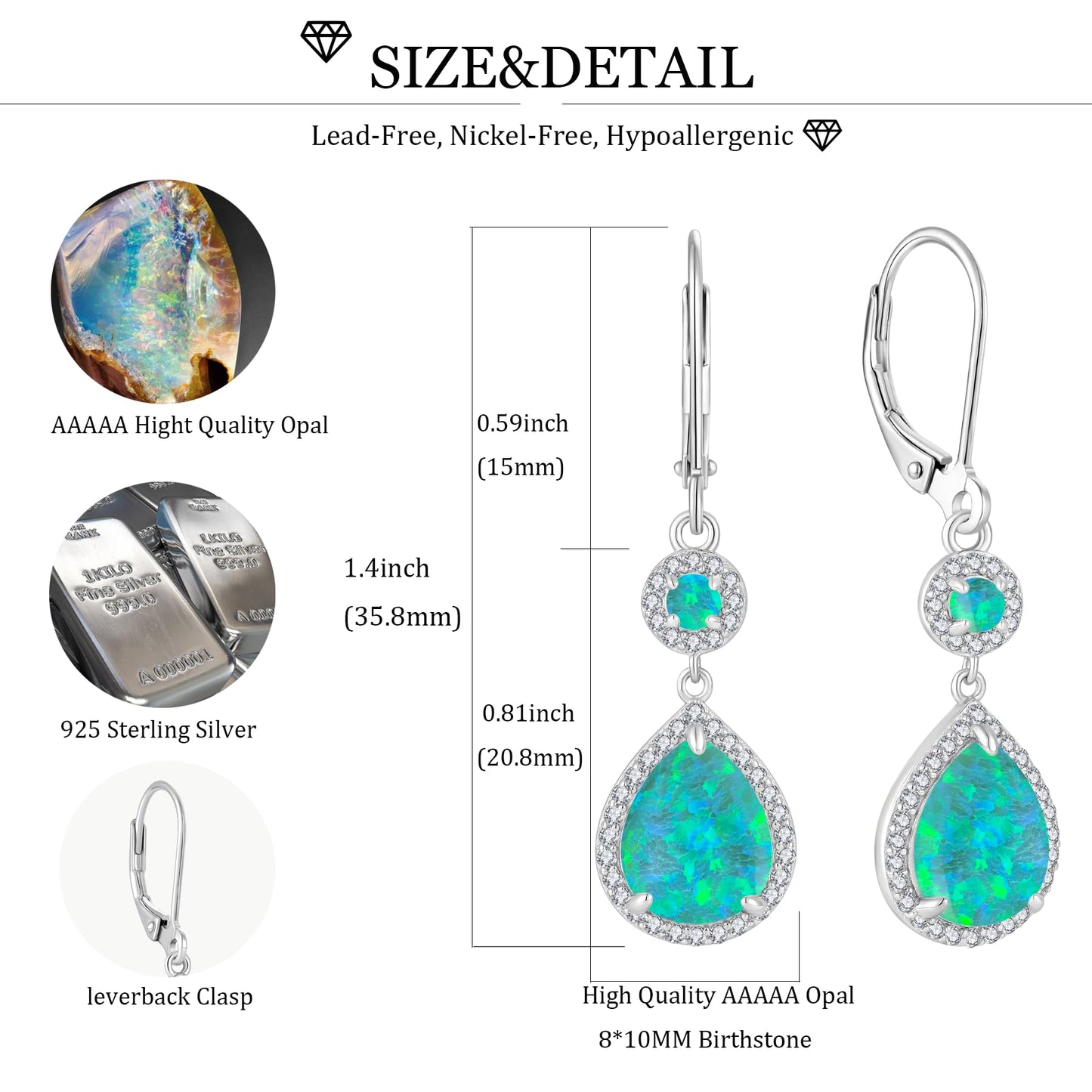 FYNSBLE Green Opal Earrings for Women Sterling Silver Dangle Drop Leverback Earrings Hypoallergenic Jewelry for Women