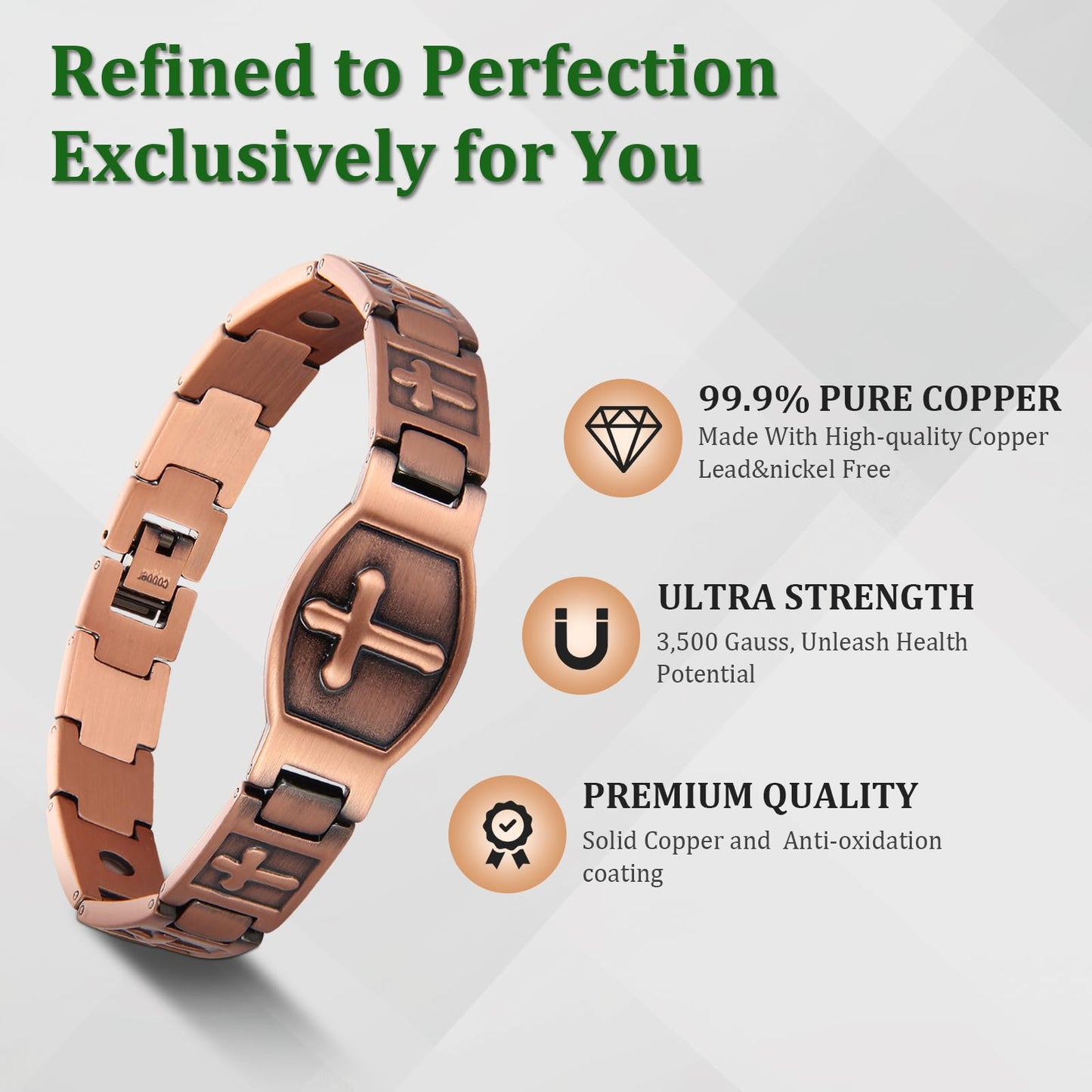 Fashtour Copper Bracelet for Men 99.99% Pure Copper Cross Bracelet Magnetic Chain Link Bracelet Memorial Day Gift Christian Adjustable Jewelry