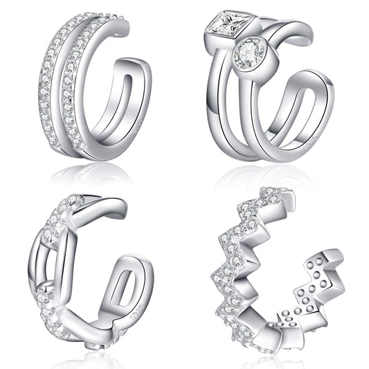 Ear Cuffs 925 Sterling Silver CZ Fake Ear Cuffs for Women Non-Piercing Ear Conch Clip on Cartilage Earrings | 4 Various Styles