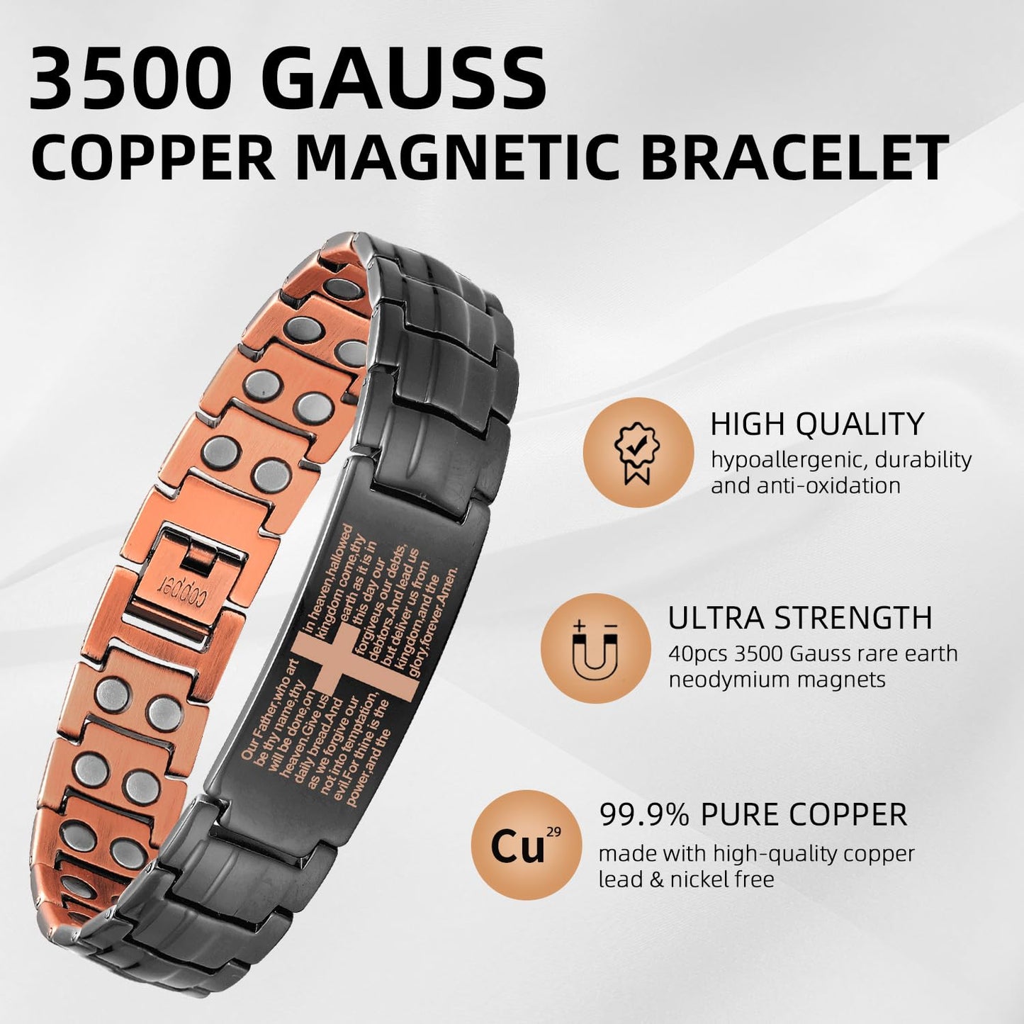 MagEnergy Copper Cross Bracelet for Men - Ultra Strength Magnetic Copper Mens Cross Bracelets - Adjustable Copper Bracelet with Sizing Tool Jewelry Box(Black)