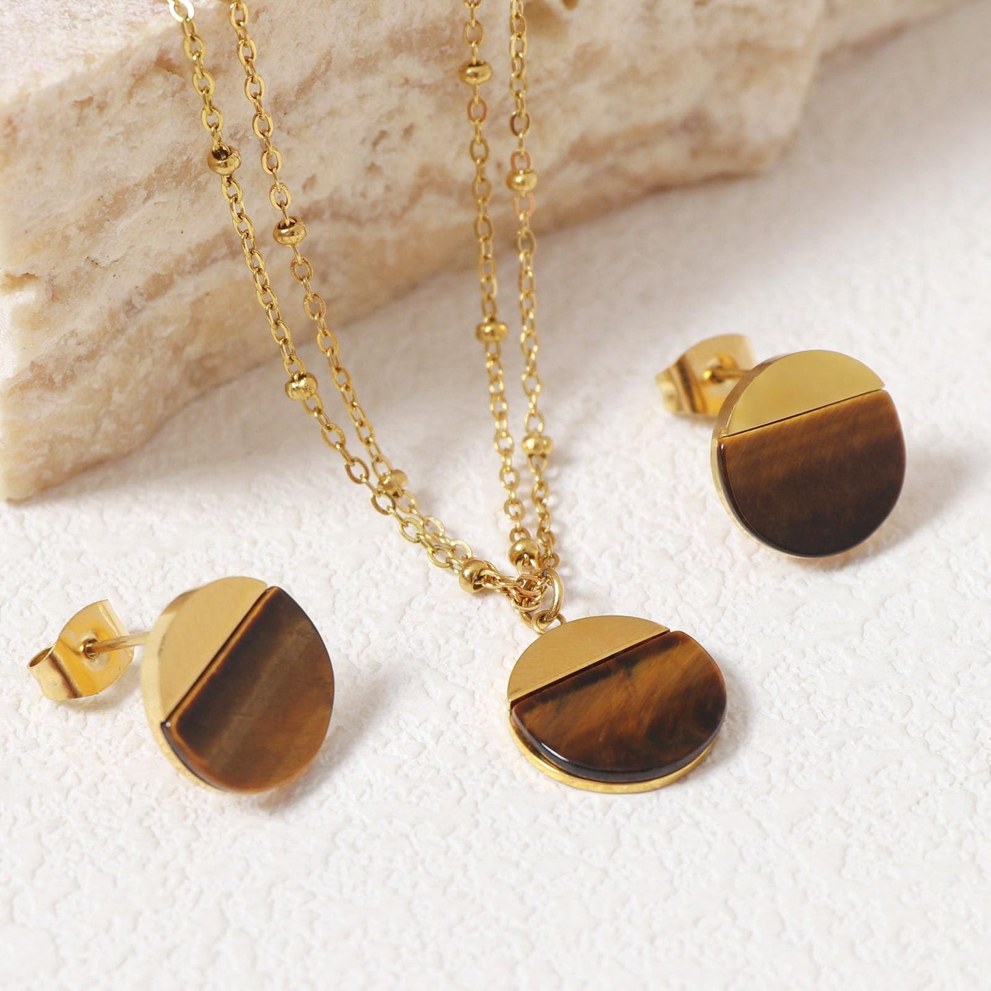 TaYolnFaSo Natural Tiger Eye Jewelry Set for Women 18K Gold Plated Tiger Eye Stud Earrings Double Chain Necklace Set Dainty Jewelry Gift