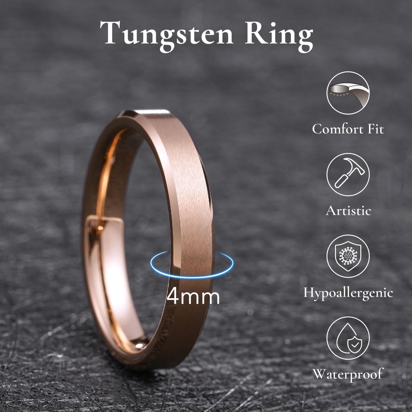 King Will Rose Gold Basic Tungsten Rings For Men Women 4mm Wedding Band Polished Edge Brushed Matte Promise Ring Comfort Fit, size 11