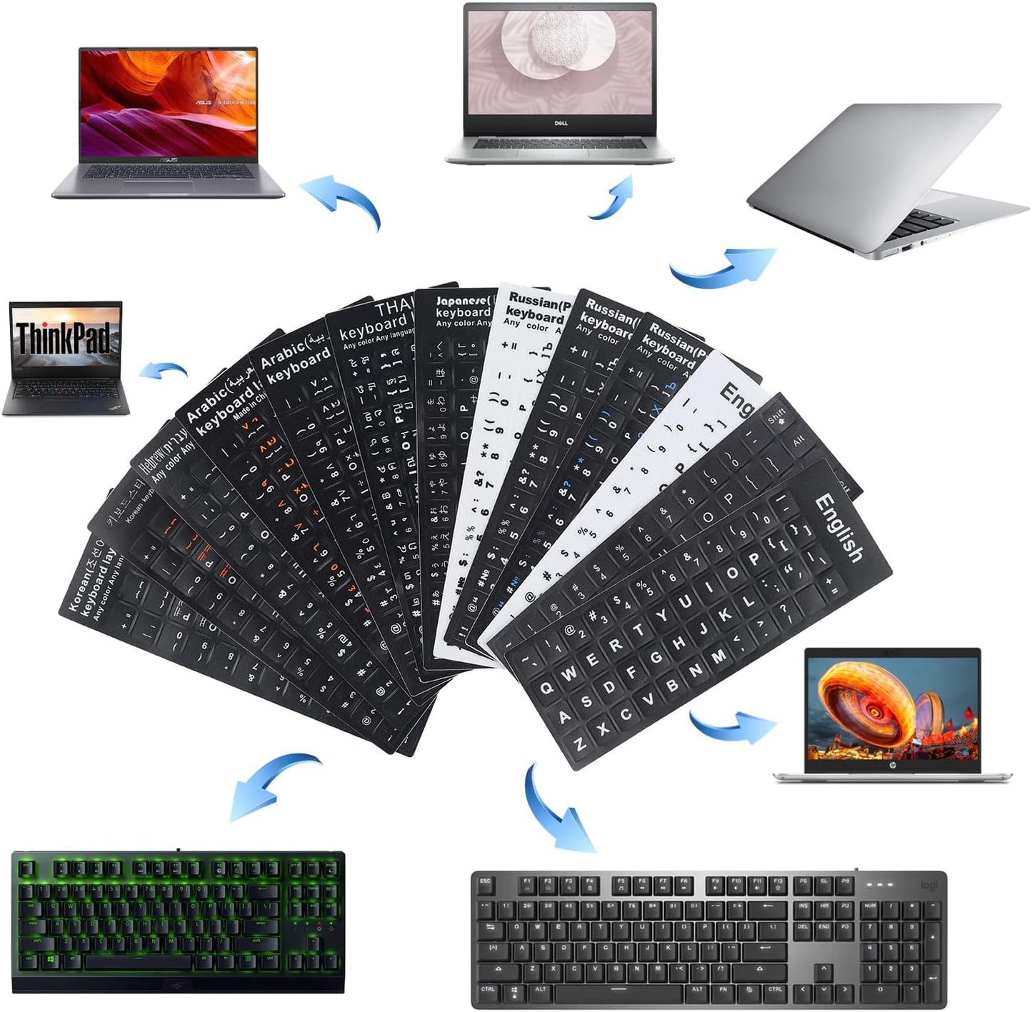 MUBUY-GOL (6-in-1), Universal Korean Keyboard Stickers Black Background with White Lettering for Computer Laptop
