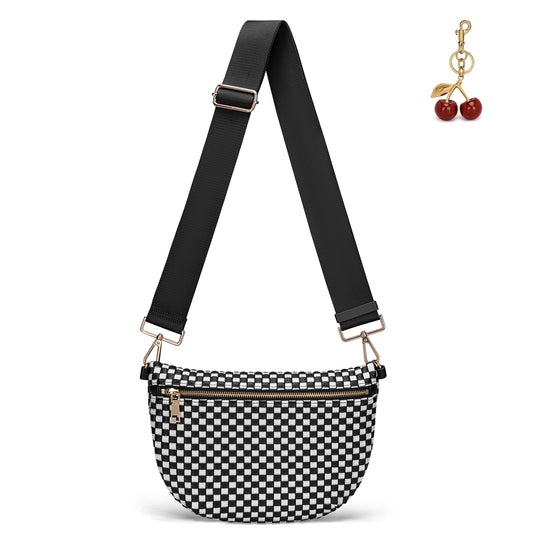 LANALULU Woven Crosssbody Bags for Women Trendy Vegan Leather Bum Bags Shoulder Purses Smooth Zip Fanny Pack with Adjustable Strap for Travel Festival Shopping Black White