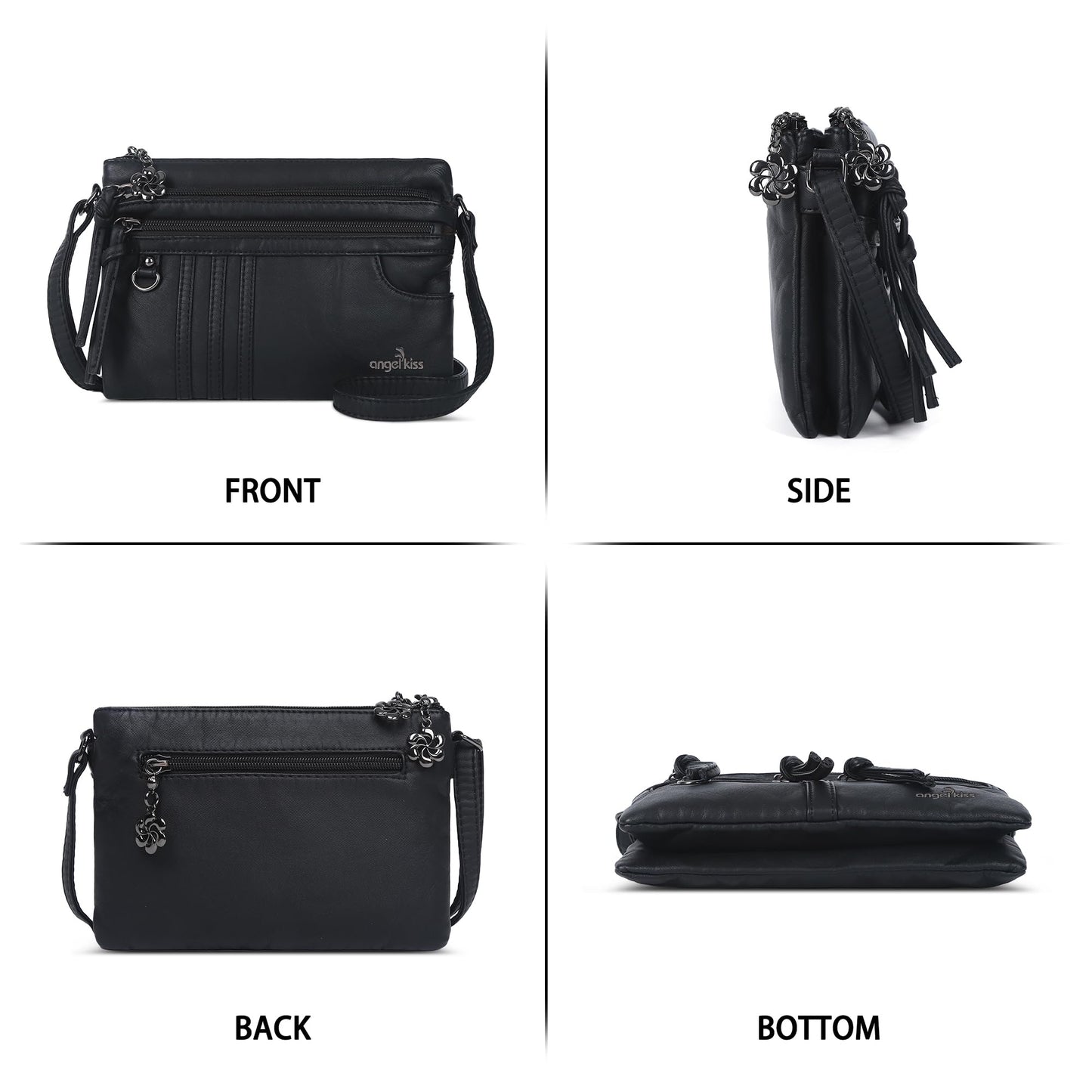 Angel Kiss Small Crossbody Bag for Women Leather Crossbody Purse Triple Compartments Cell Phone Purse Shoulder Bags for Women,Black