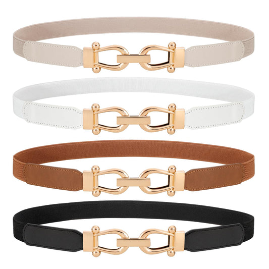 WERFORU 4 Pack Women Skinny Elastic Waist Belt Gold Buckle Stretchy Thin Belt for Jeans Dress