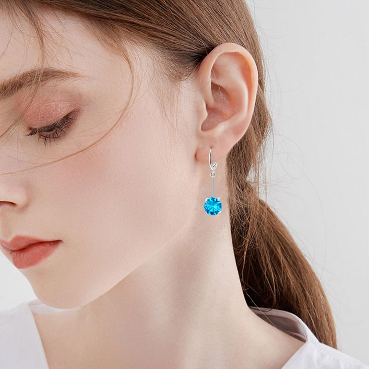 VONSSY Gemstone Drop Dangle Earrings | Platinum/Gold Plated Leverback Crystal Cubic Zirconia Hanging Red/Pink/Blue Earrings (Blue-Platinum)