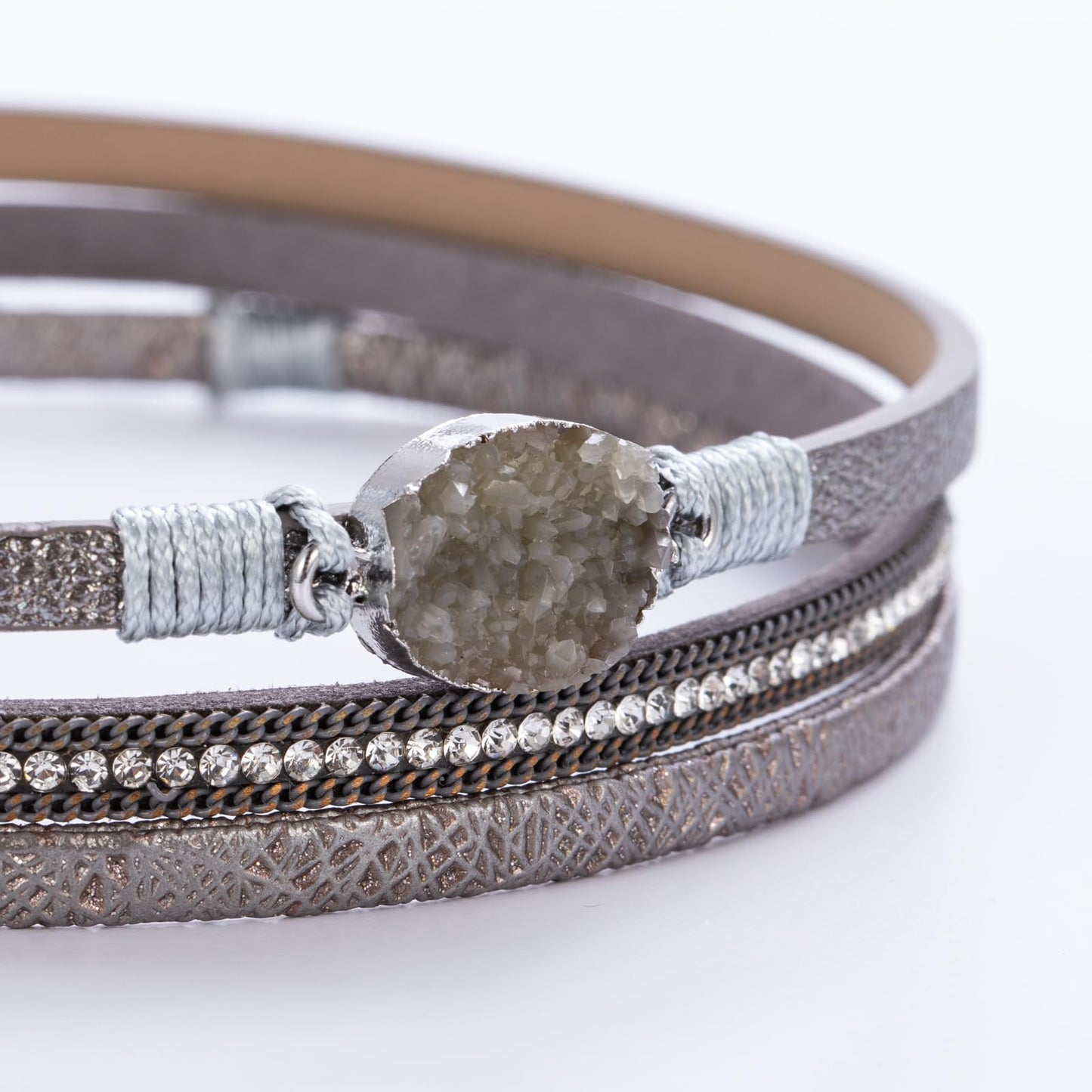 FANCY SHINY Boho Leather Wrap Bracelet Stackable Chunky Crystal Cuff Bracelets with Magnetic Clasp Cowboy Cowgirl Western Summer Beach Outfits Jewelry Gifts for Women (14.7", Grey)