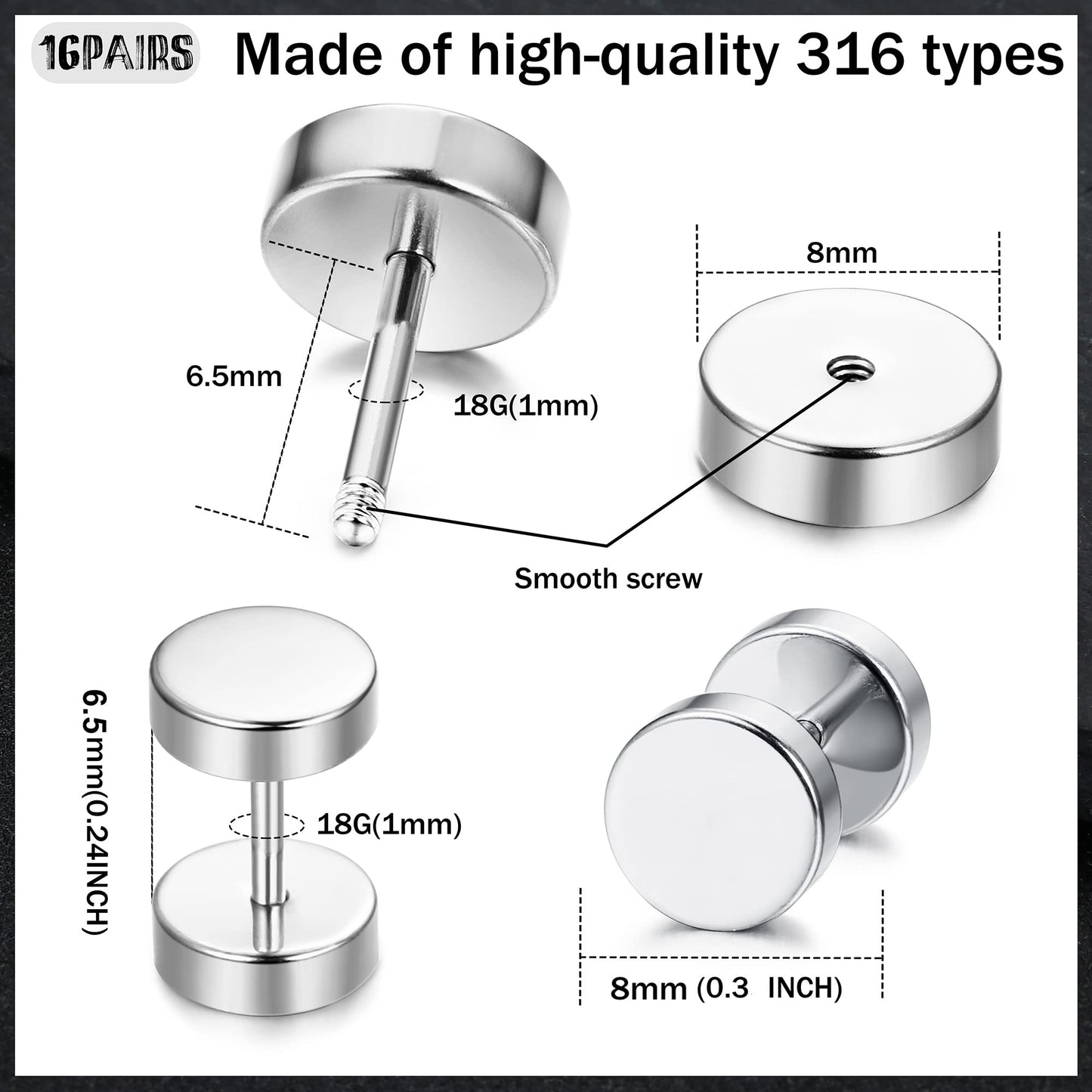 FIBO STEEL 16 Pairs Fake Gauge Earrings for Men Women Stainless Steel Stud Earrings Cheater Fake Ear Plugs Faux Gauges Earrings Ear Tunnel