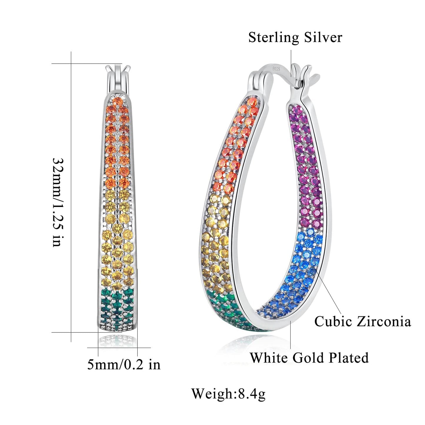 CiNily 925 Sterling Silver Post Hoop Earrings for Women 14K White Gold Plated Multcolors Cubic Zirconia Hoop Earrings Gemstone Hoops Oval Chunky Earrings Jewelry