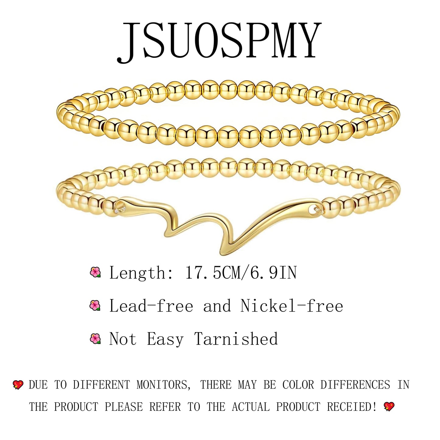 Jsuospmy Gold Beaded Bracelets for Women 14K Gold Wave Bracelet Handmade Stackable Bracelets for Women Trendy Non Tarnish Bracelet Jewelry Gift for Womens 2Pcs (05.Wave+Beaded (Gold))