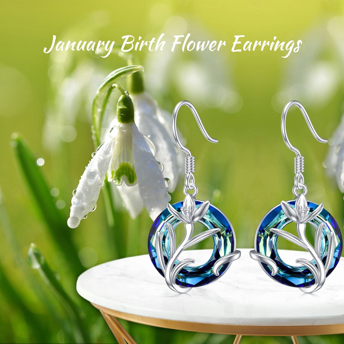 TOUPOP January Birth Flower Earrings Snowdrop Drop Dangle Earrings Blue Crystal Jewelry Birthday Mothers Day Gifts for Women Mom Her