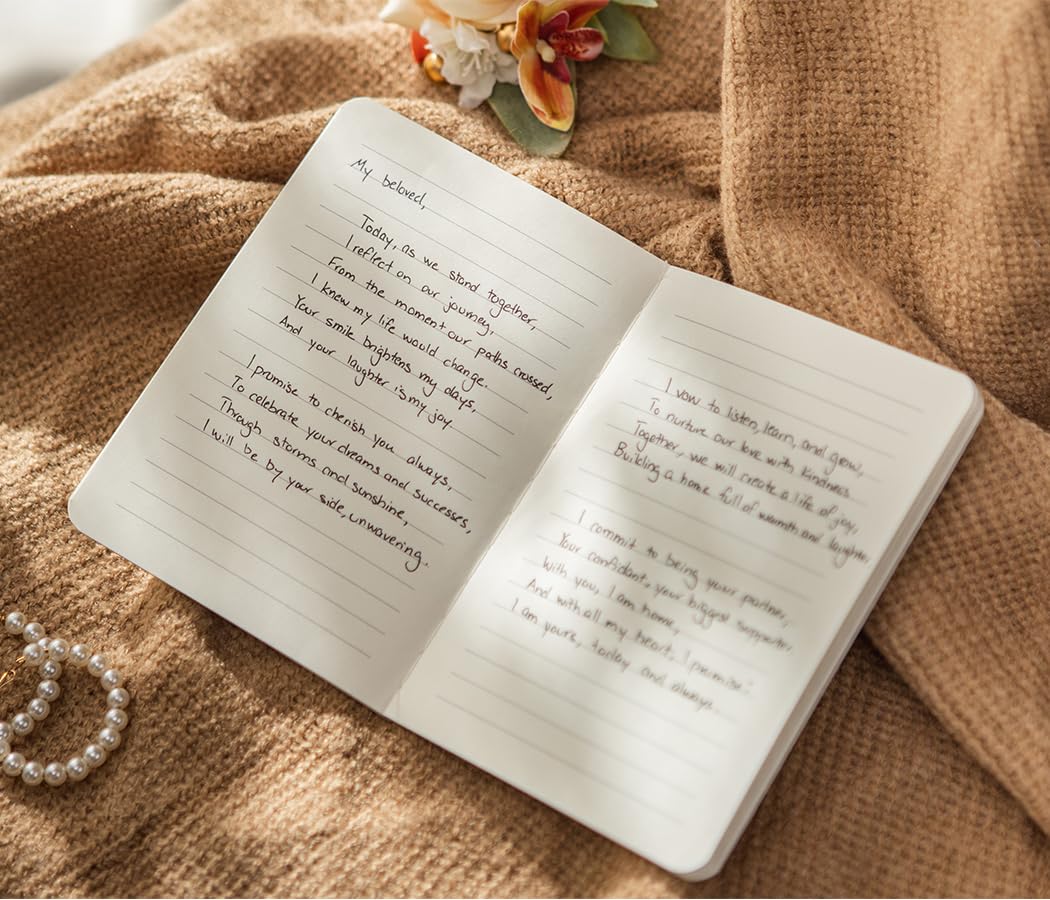 Slim Vow Books (Set of 2 - Design 1) - Soft Cream Canvas Linen Textured Cover Wedding Vow Booklets, Ceremony Speech Promise Notebook Journal, Gift for Newly Engaged Couple, 48 Lined Pages, 5.75" x 4"