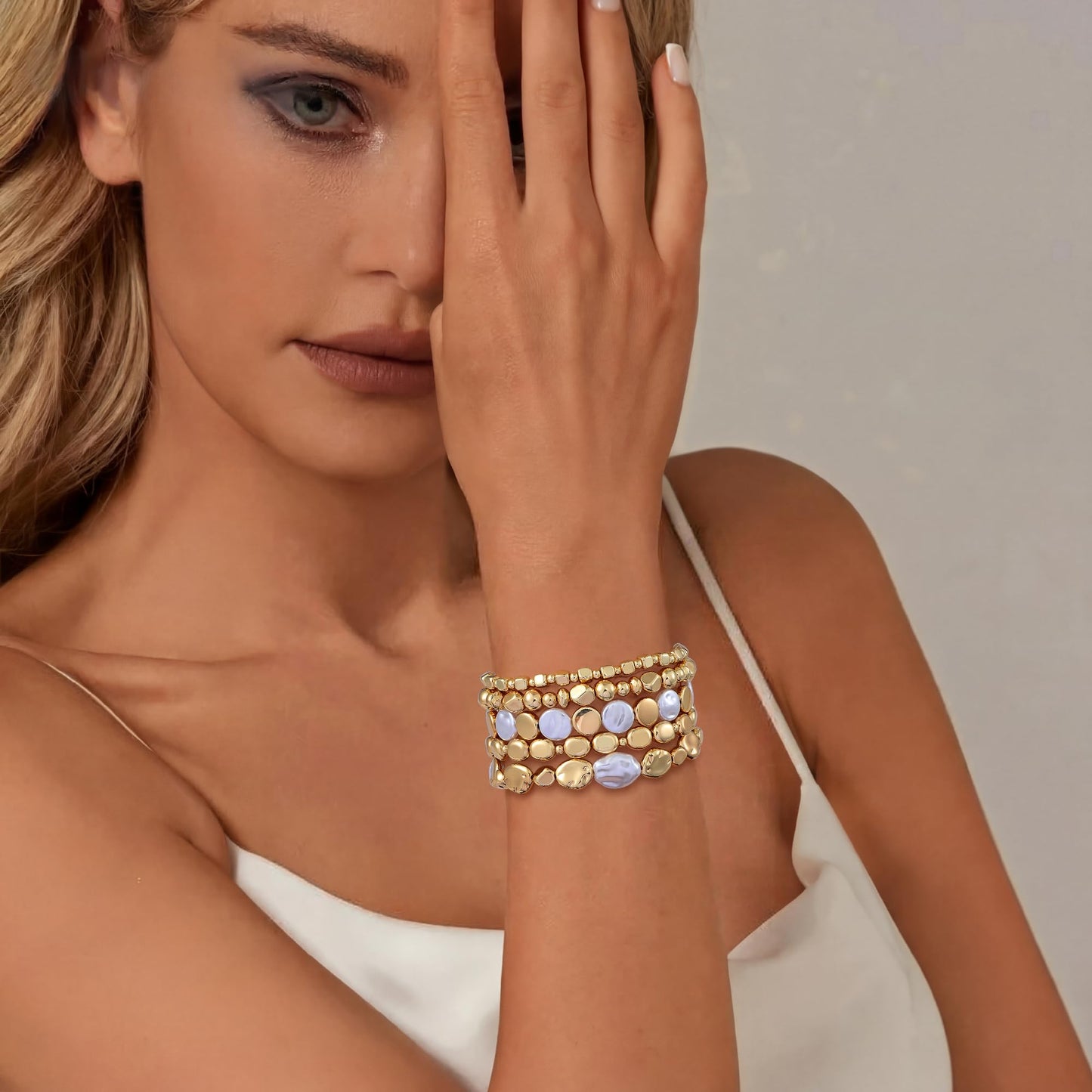 Sajidos Gold Plated Beaded Bracelets for Women Trendy, 14K Gold Plated Stack Cross Pearl Gold Plated Bead Stretch Bracelets Set Elastic Hypoallergenic Bracelets Jewelry Gifts (style19-2)