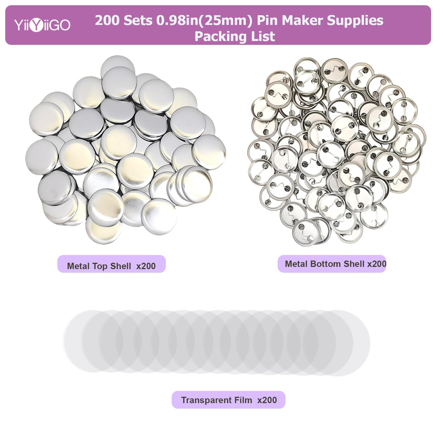 YiiYiiGO 200 Sets 25mm/0.98inch Button Maker Supplies, Round Badge Blank Pins, Includs Metal Shells, Metal Back Cover and Transparent Film for Pin Maker Button Press Machine Maker