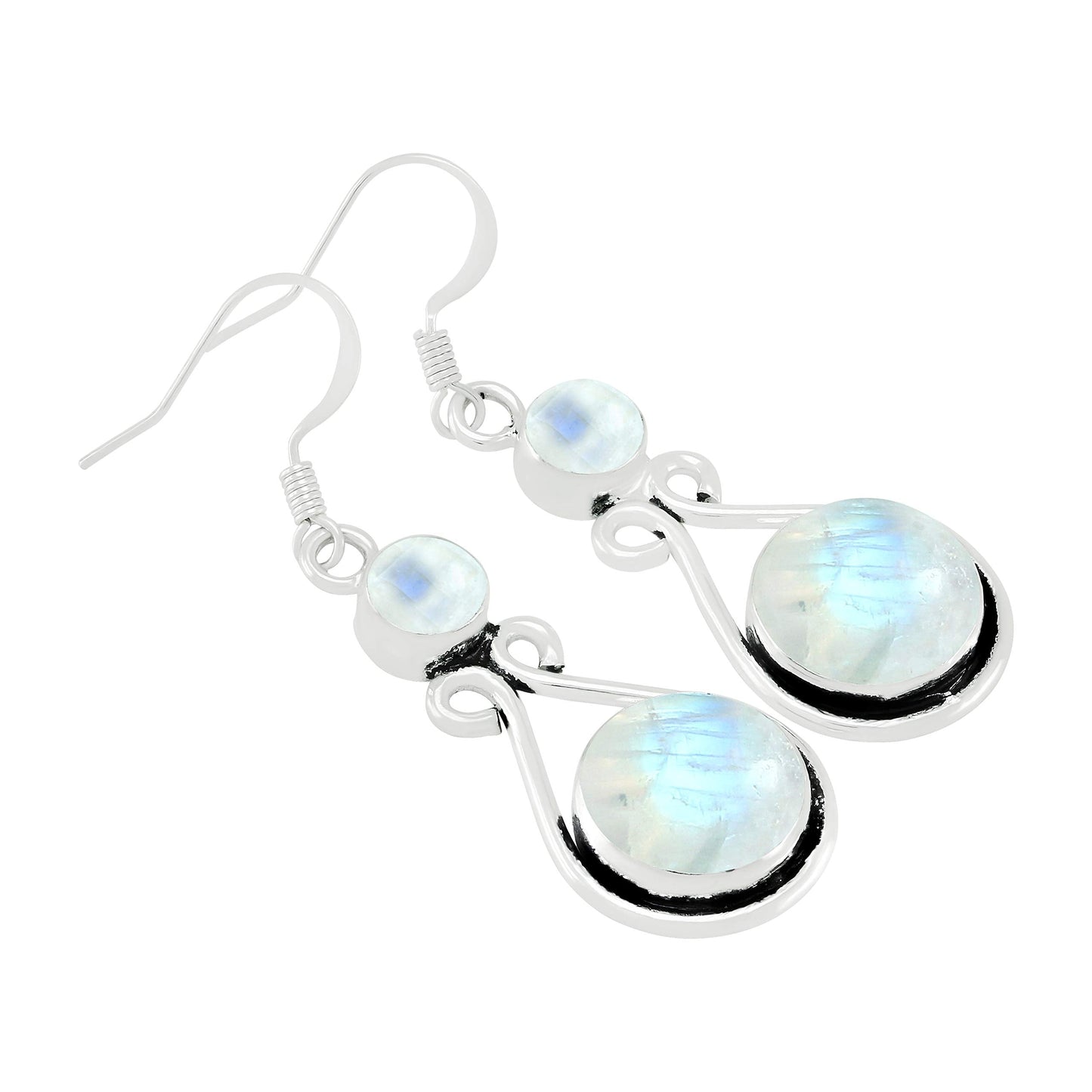 Natural Moonstone Silver Plated Dangle Earrings for Women - June Birthstone Round Gemstones Drop Earrings Handmade Jewelry - Anniversary Wedding Gift for Her