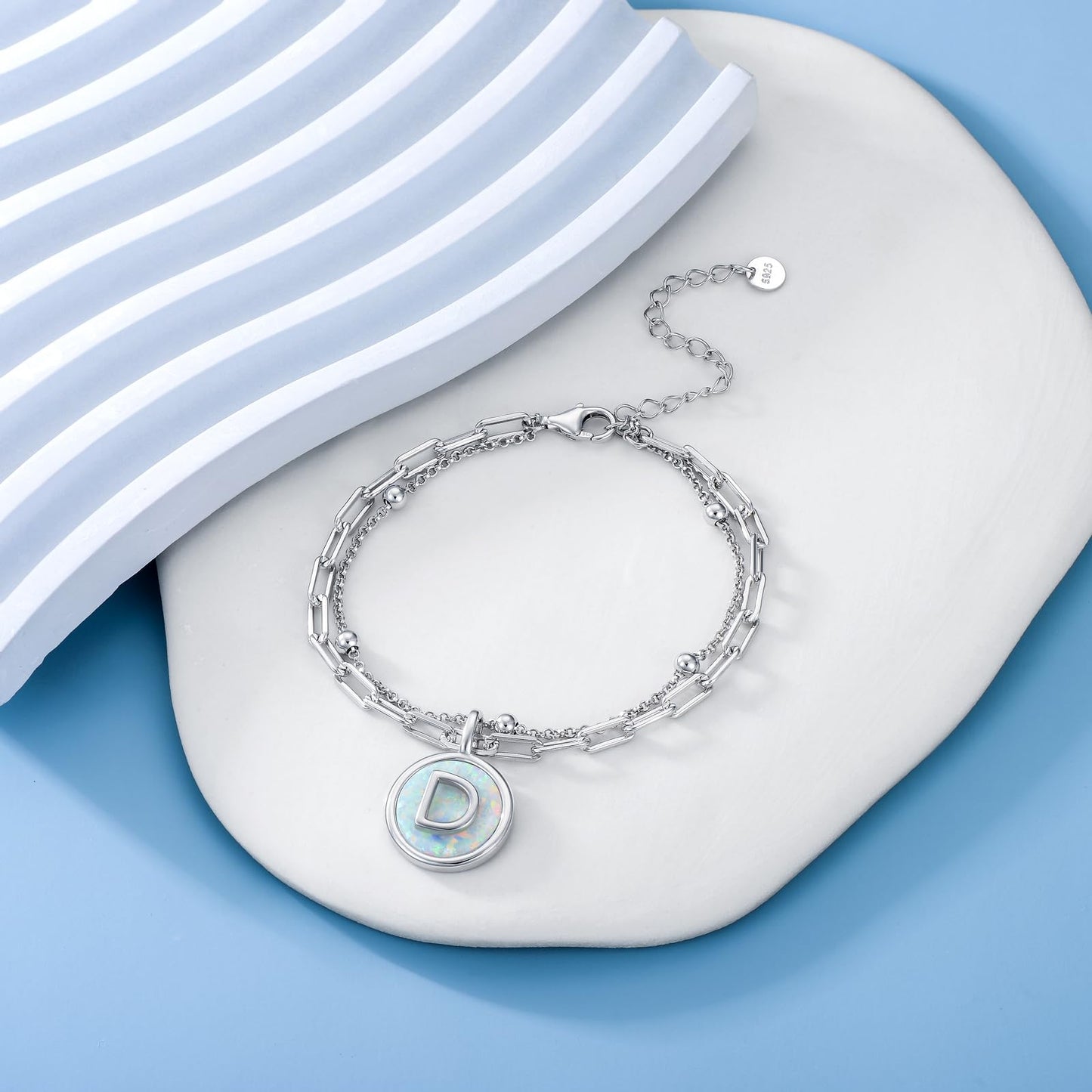 LWQQWL Initial D Bracelet for Women 925 Sterling Silver Layered Initial Bracelet Opal Letter 26 Alphabet Jewelry Christmas Gifts