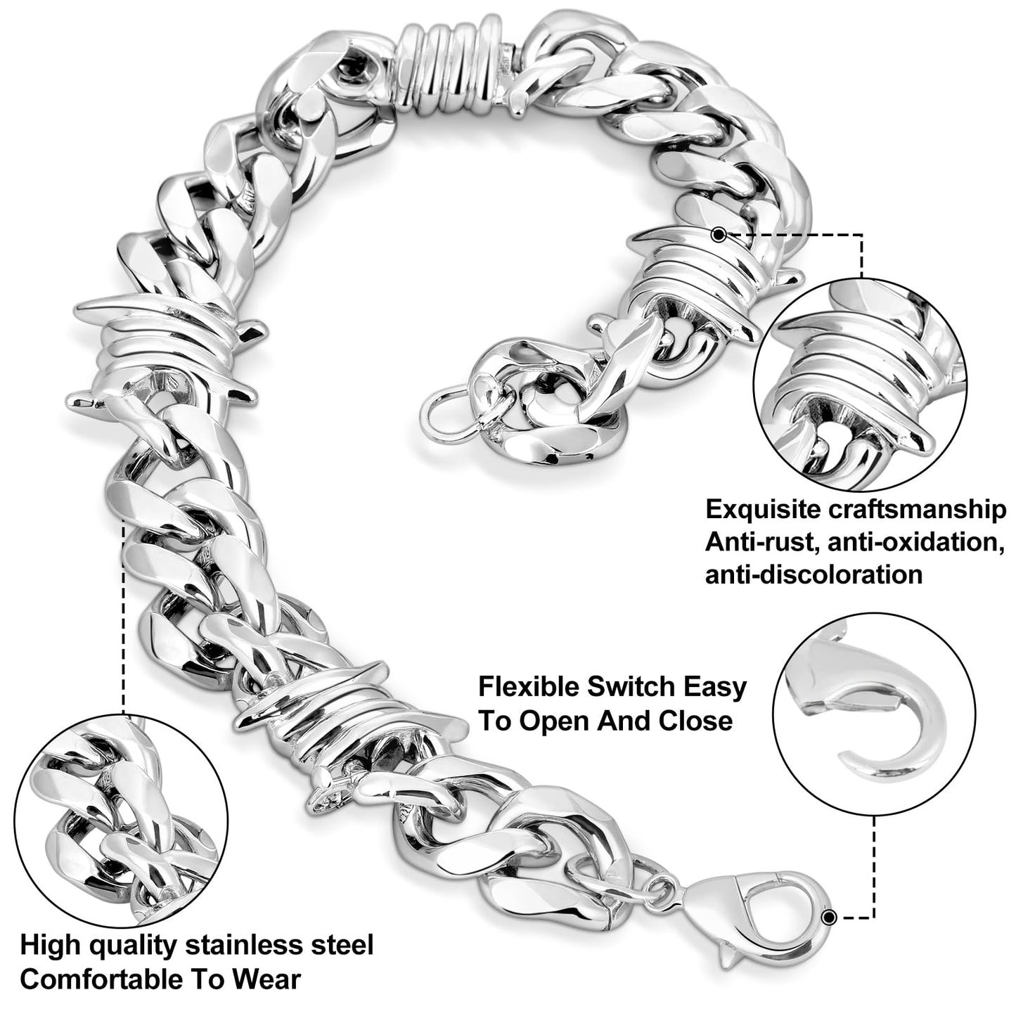 LuxGoth Stainless Steel Barbed Wire Thorns Chunky Cuban Link Chain Bracelet Gothic Punk Rock Biker Vintage Viking Brambles Link Curb Bracelet Jewelry for Men Women Silver GTS-B1B45002