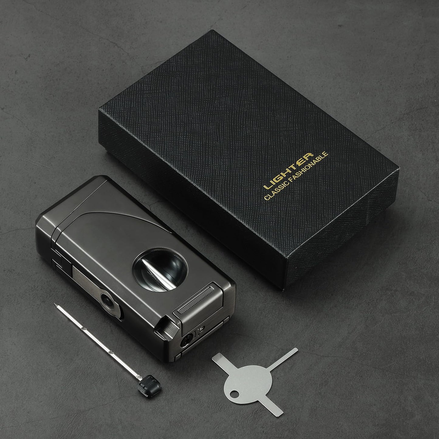 All in One Triple Jet Flame Butane Torch Lighter Built-in Cutter, Cutter V Cut, Punch, Holder Function, Draw Enhancer Tool, Refillable Windproof Gas Lighter, Mens Gifts. Grey(Sold Without Gas) ﻿
