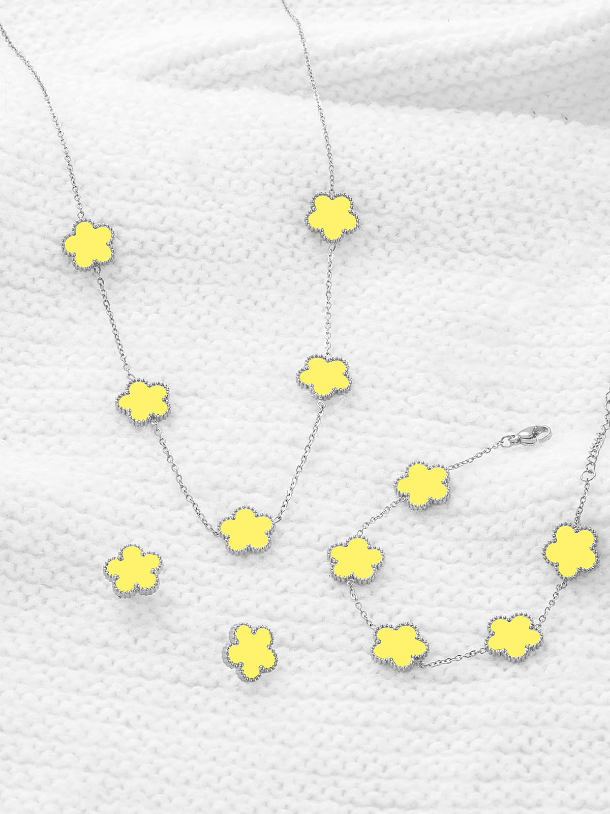 Qinpan Five Leaf Clover Necklace Bracelet and Stud Set for Women Lucky Flower Jewelry (Yellow-Stainless Steel)